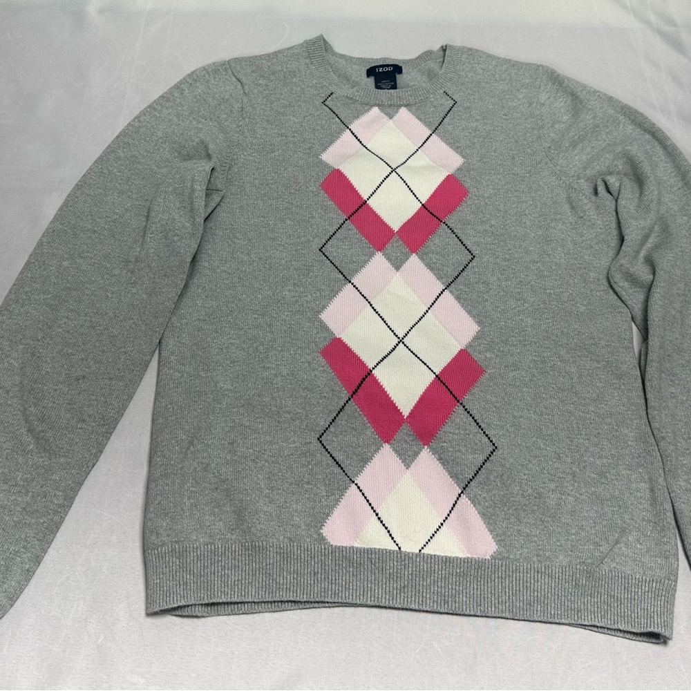 Izod Gray Sweater with Pink Argyle Pattern